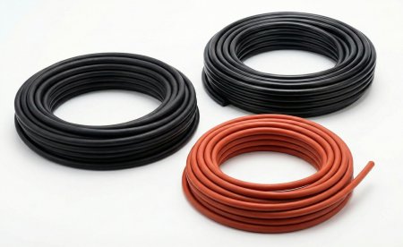 Zestawienie różnych sznurów gumowych: czarne NBR i EPDM, czerwony silikon