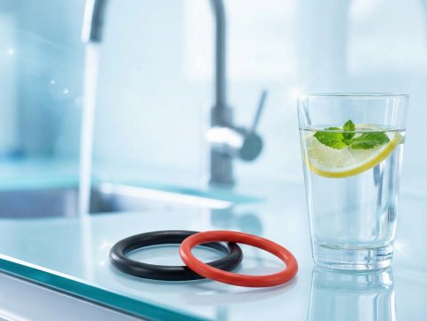 Czarne i silikonowe oringi uszczelniające do wody pitnej obok szklanki wody.
