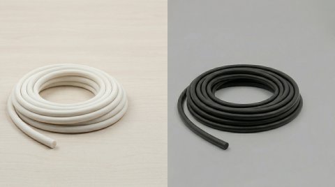 Porównanie białego sznura silikonowego gąbczastego z czarną mikrogumą EPDM – wizualna prezentacja różnic między uszczelnieniami porowatymi.