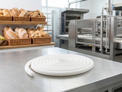 Biały sznur silikonowy spieniony z atestem FDA, przeznaczony do kontaktu z żywnością w maszynach spożywczych.