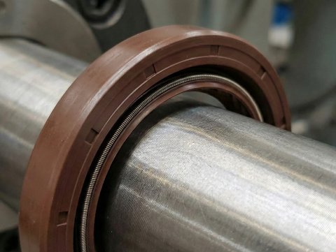 Przekrój uszczelnienia wału typu Simering FKM ze widoczną sprężyną dociskową i wargą przeciwpyłową