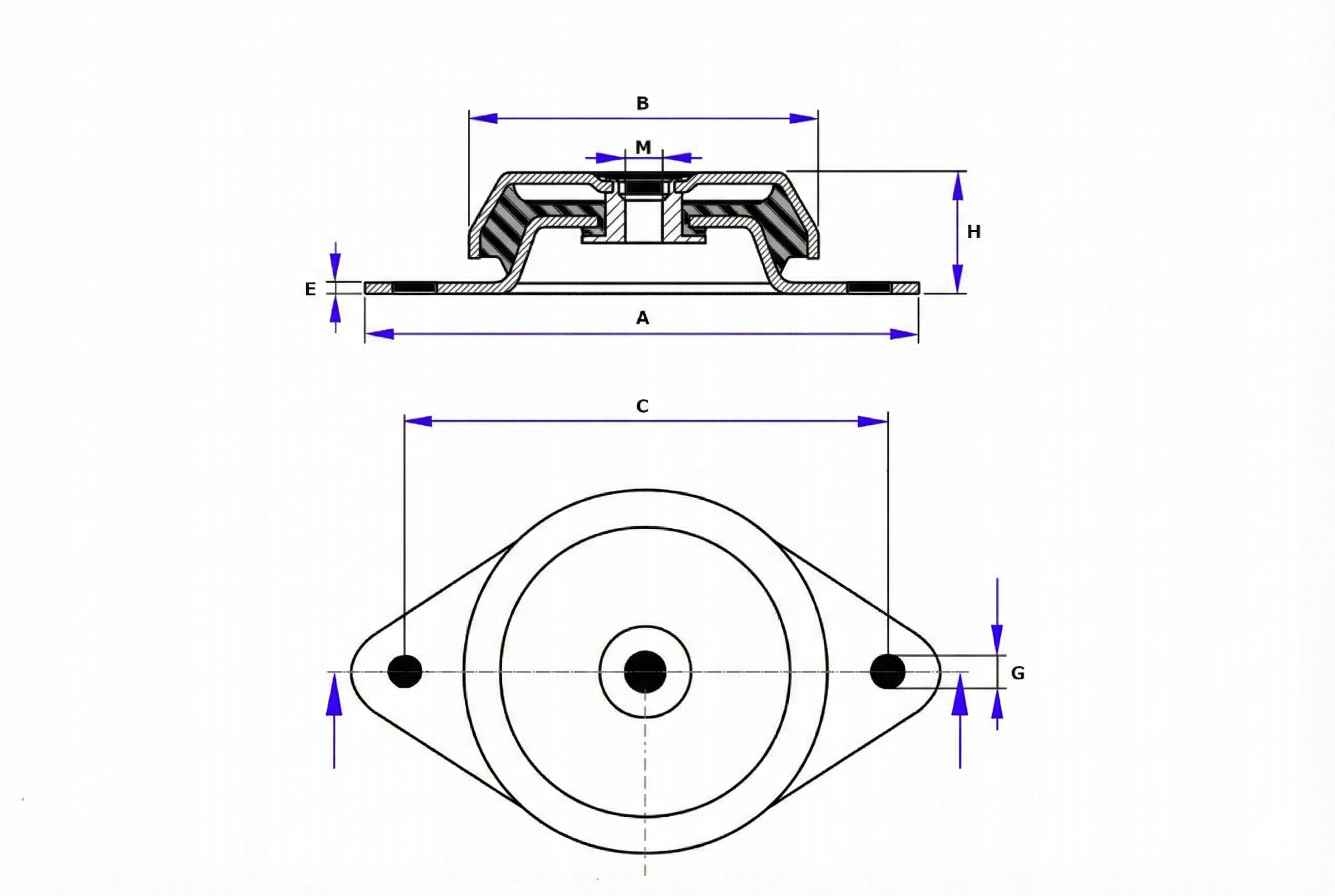 Schemat wibroizolatorów maszynowych z&nbsp;podanymi wymiarami
